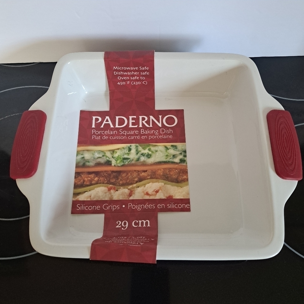 Paderno Porcelain square baking dish, 29cm or 11.4" with silicone grips